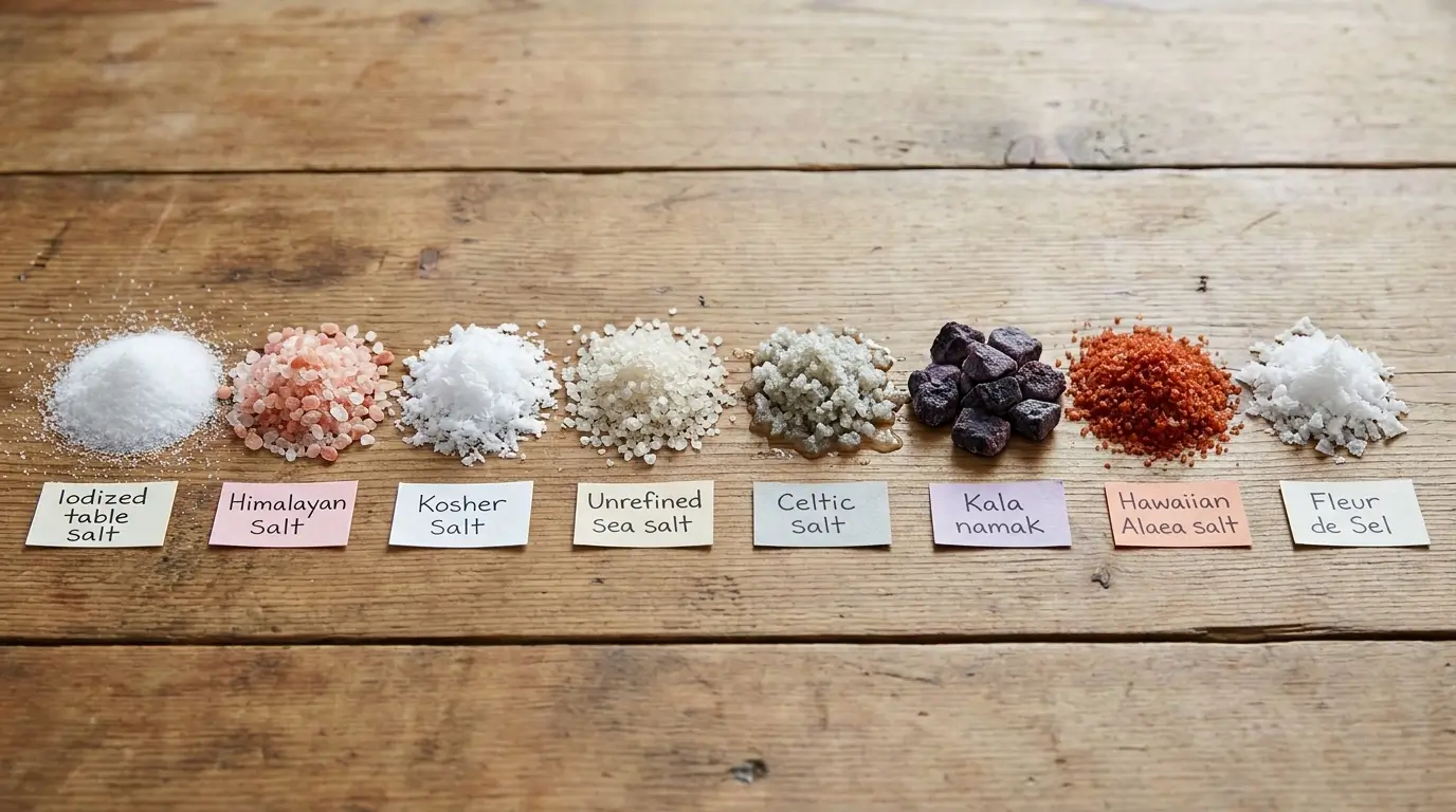 Eight major salt types arranged for comparison: pink Himalayan, sea salt, kosher, Celtic grey, kala namak, Hawaiian Alaea, Fleur de Sel, and table salt