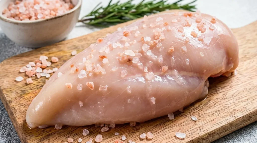 Raw chicken pieces coated in coarse pink salt crystals on a wire rack for overnight dry brining in the refrigerator