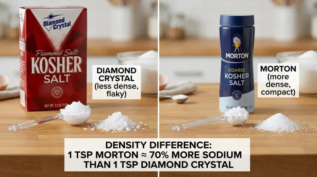 Diamond Crystal and Morton kosher salt brands side by side showing the density and crystal structure difference