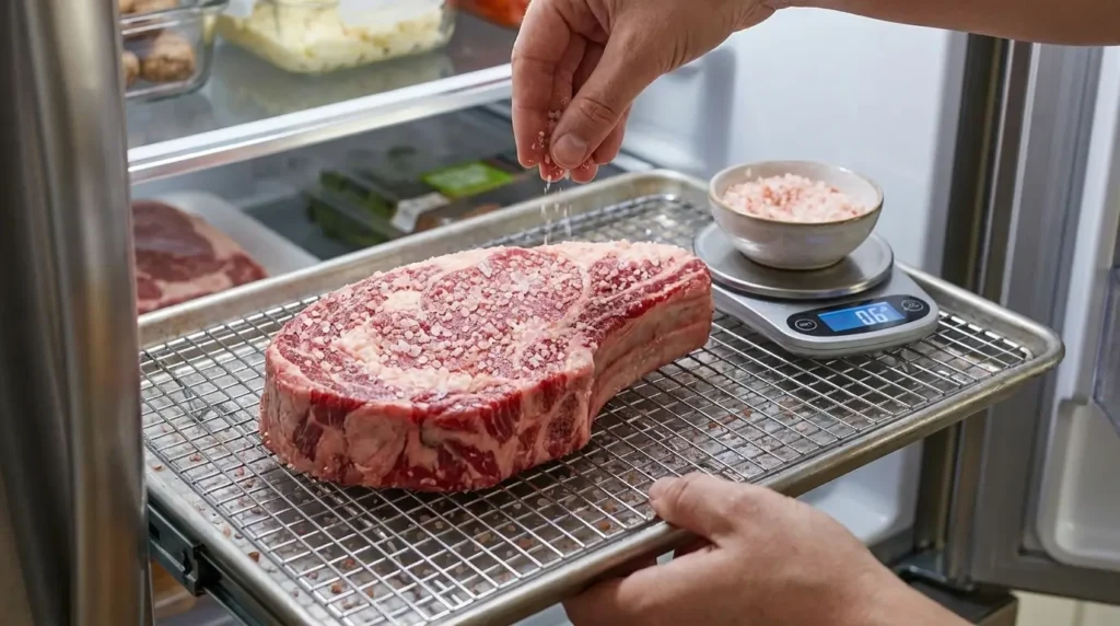 Coarse Himalayan pink salt crystals being applied by hand to a raw steak for dry brining before cooking