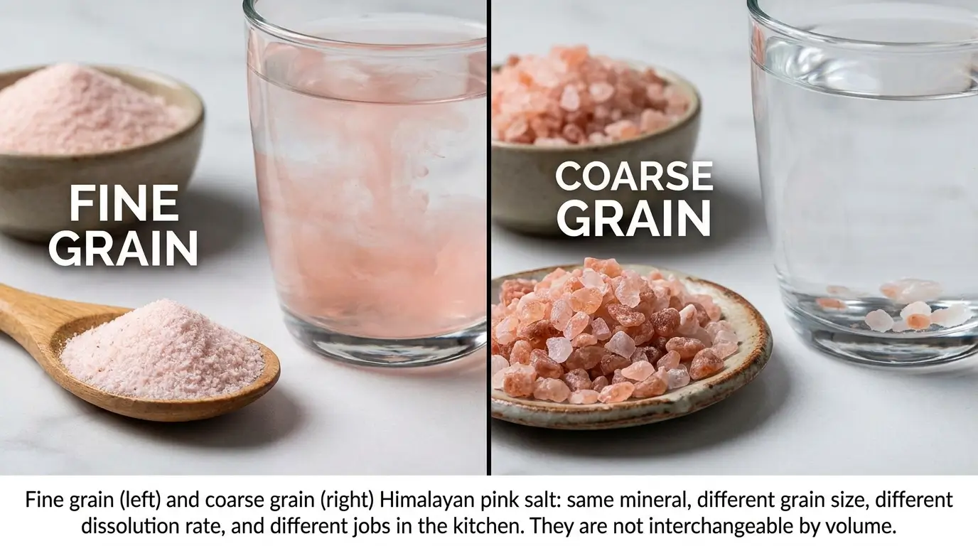 Fine grain and coarse grain Himalayan pink salt side by side showing the difference in crystal size and texture