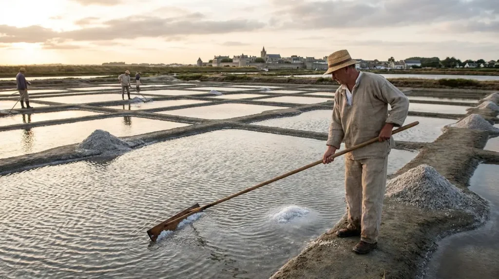 Hand harvesting Fleur de Sel from a salt pan in Guérande France using a traditional wooden rake