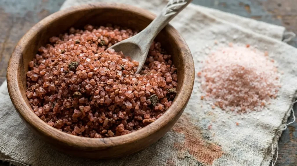 Hawaiian Alaea salt showing the distinctive rust-red color from volcanic red clay mixed into Pacific sea salt