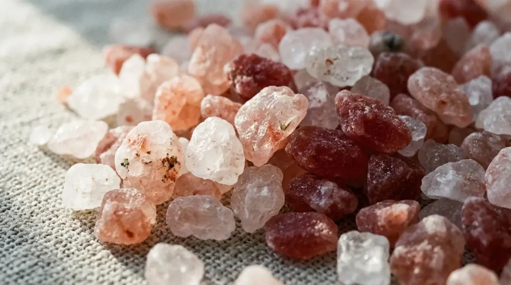 Close-up of Himalayan pink salt crystals showing natural color variation from white to deep rose