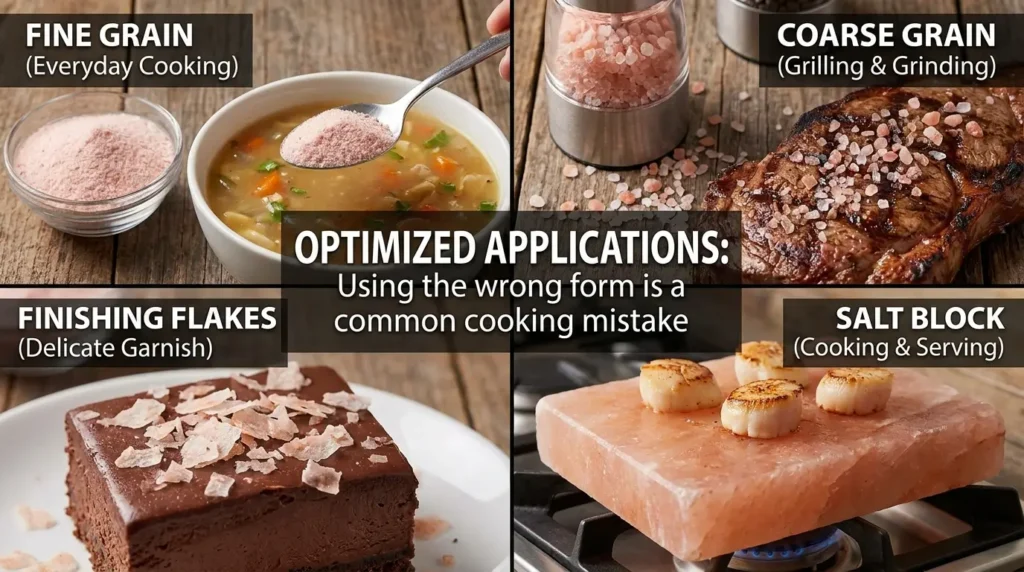 Four forms of Himalayan pink salt side by side: fine grain, coarse grain, finishing flakes, and a salt block