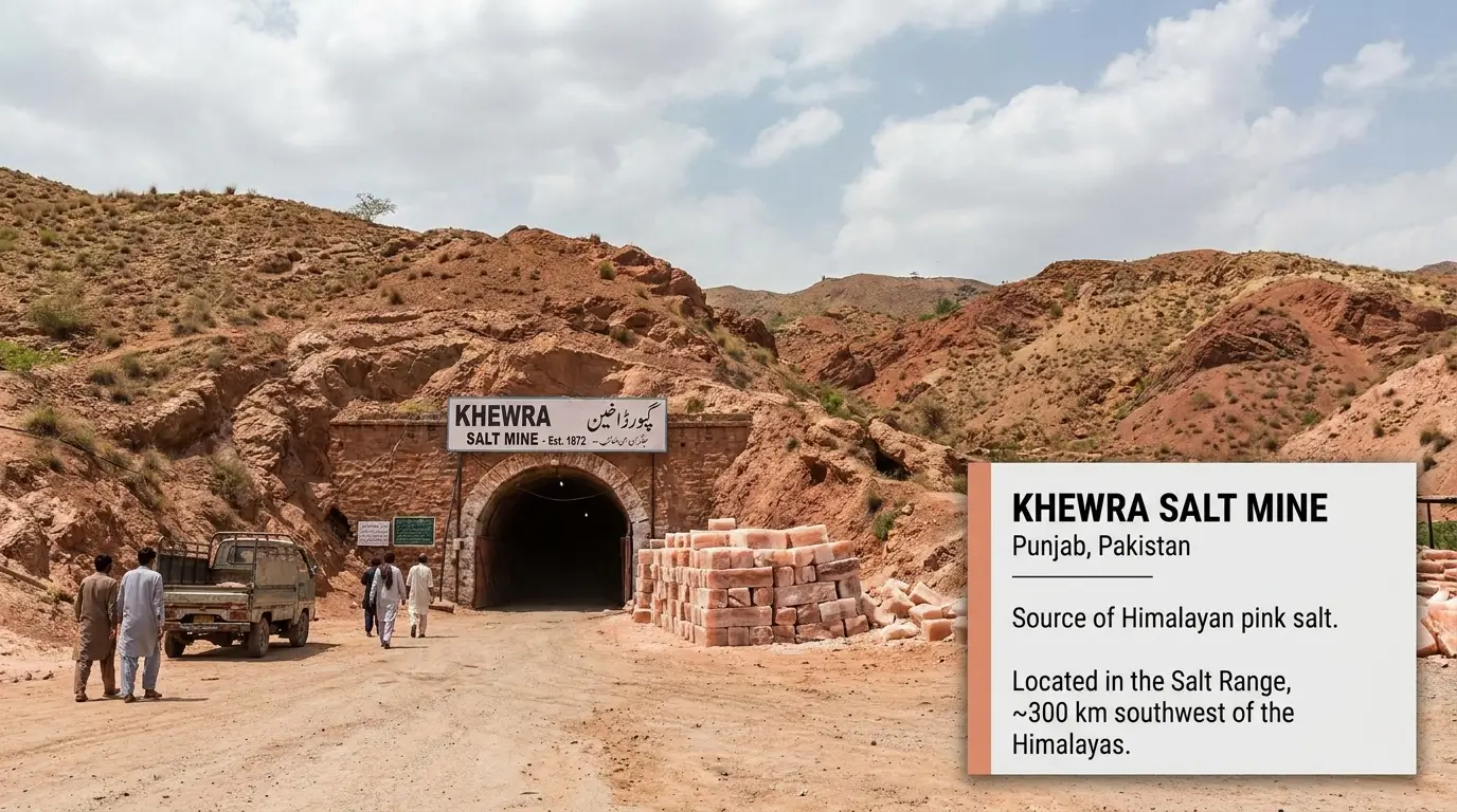 Detailed map of Pakistan showing Khewra Salt Mine in the Salt Range and its distance from the Himalayan mountain range