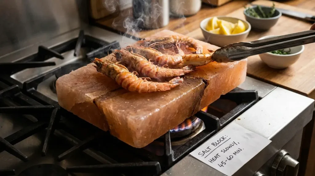 Himalayan pink salt block on a gas grill with large prawns searing directly on the hot salt surface