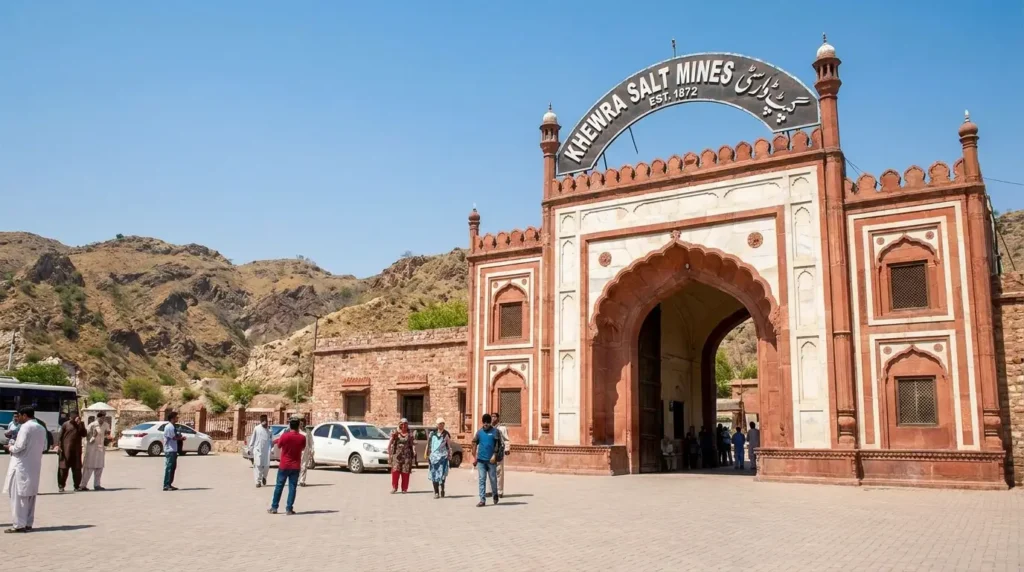 Exterior facade of the Khewra Salt Mine in Pakistan showing the Mughal-style entrance built into the hillside