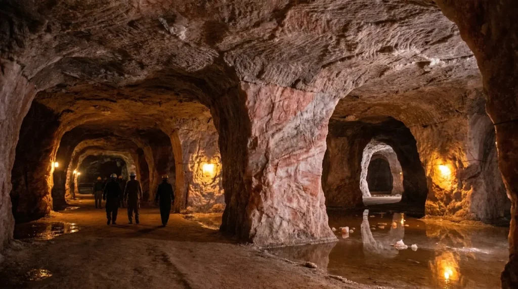 Interior of Khewra Salt Mine showing room-and-pillar mining with pink salt walls and support pillars