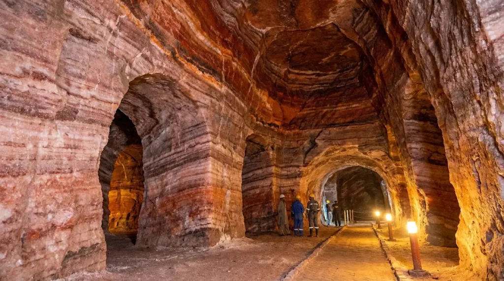 Interior of the Khewra Salt Mine in Pakistan showing pink and white salt walls with colored lighting