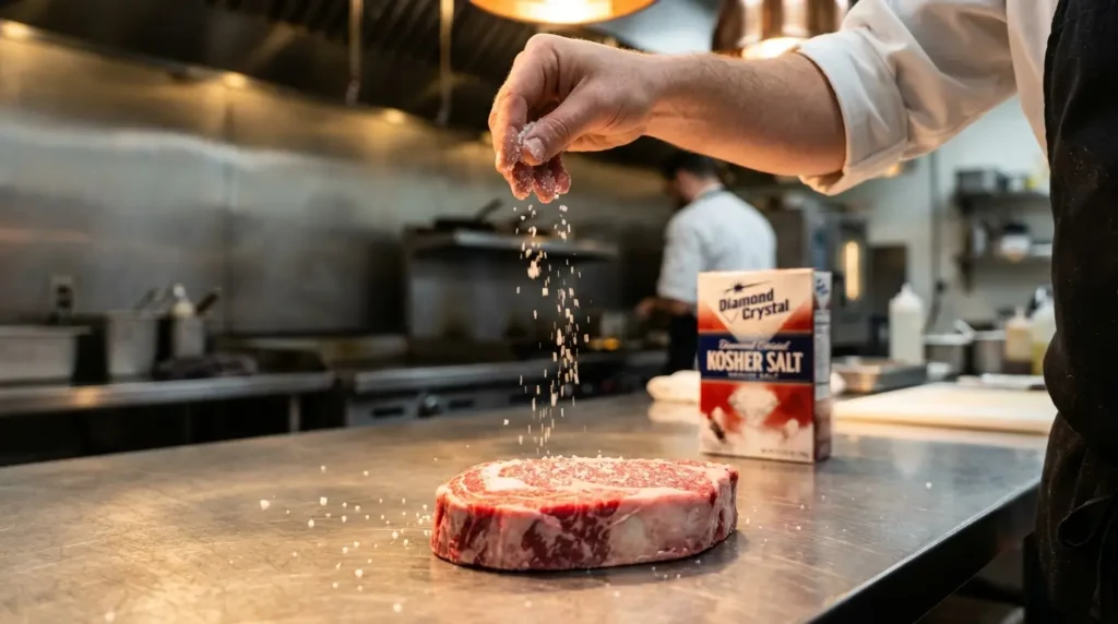 Professional hand-seasoning technique applying Diamond Crystal kosher salt to a raw steak from height