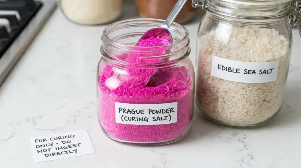 Pink curing salt Prague Powder package with safety label showing it is not for use as a table seasoning