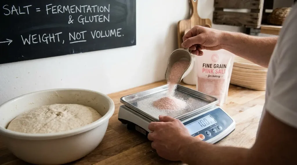 Fine grain pink salt being weighed on a kitchen scale next to bread dough showing correct measurement for baking