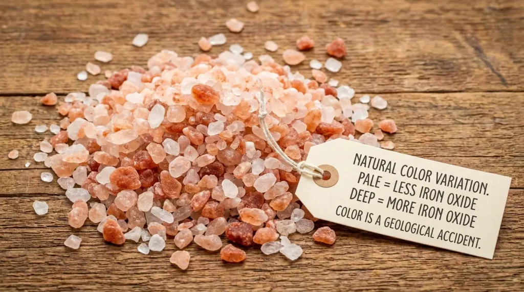 Himalayan pink salt crystals arranged in a gradient from white to pale pink to deep rose showing natural color variation