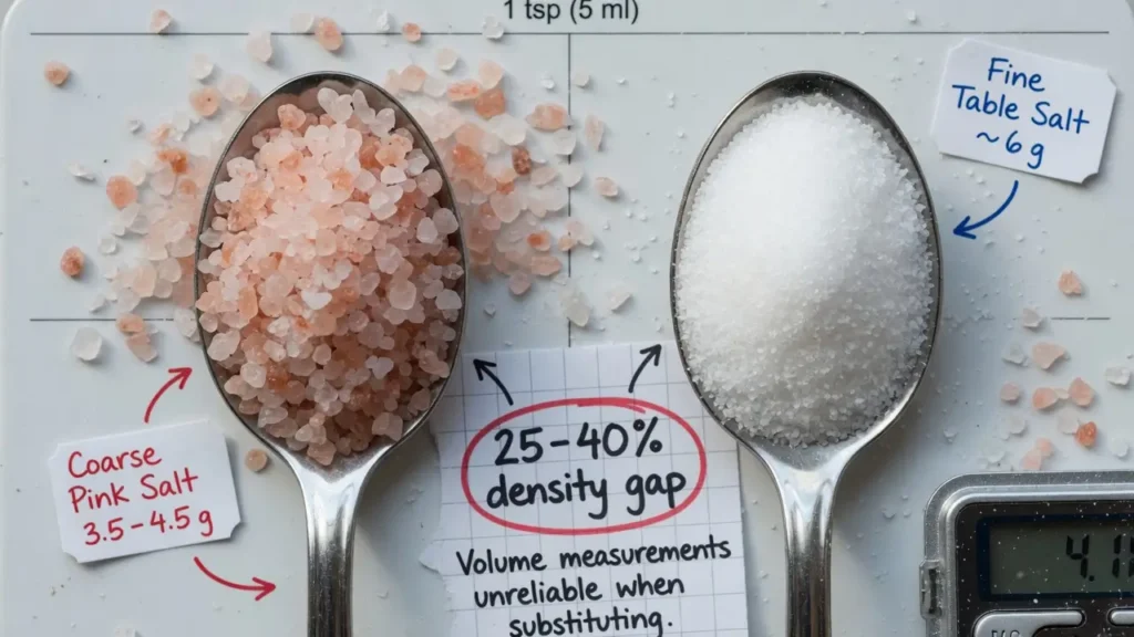 Kitchen scale showing the weight difference between a teaspoon of fine table salt and a teaspoon of coarse pink salt