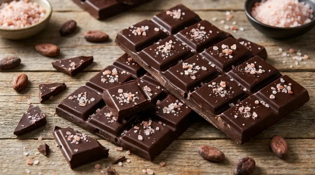 Pink Himalayan salt finishing flakes applied to dark chocolate brownies showing the visual contrast and plating technique