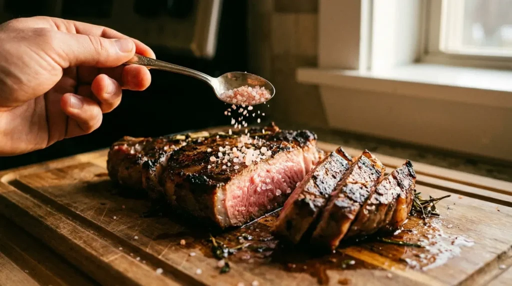 Coarse pink Himalayan salt crystals being applied as finishing salt on a sliced cooked steak