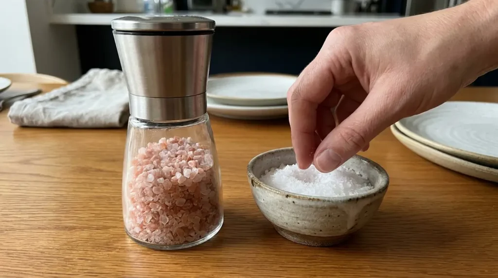 Table setting with a salt grinder filled with pink salt and a small pinch bowl of kosher salt showing their different table roles