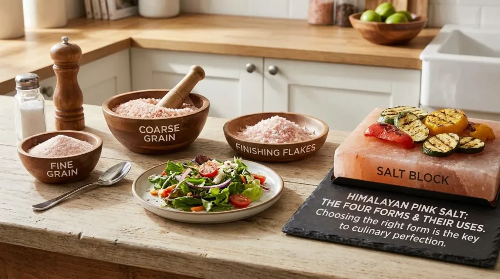 Four forms of pink salt for cooking: fine grain, coarse grain, finishing flakes, and pink salt block on wooden surface