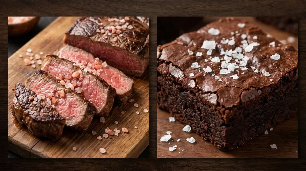 Diptych showing pink Himalayan salt finishing flakes on sliced steak on the left and white Fleur de Sel sea salt crystals on dark chocolate on the right