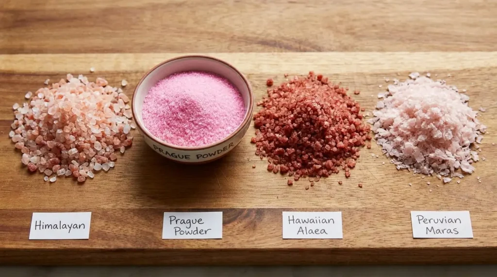 Four types of pink salt side by side: Himalayan, pink curing salt, Hawaiian Alaea, and Peruvian Maras