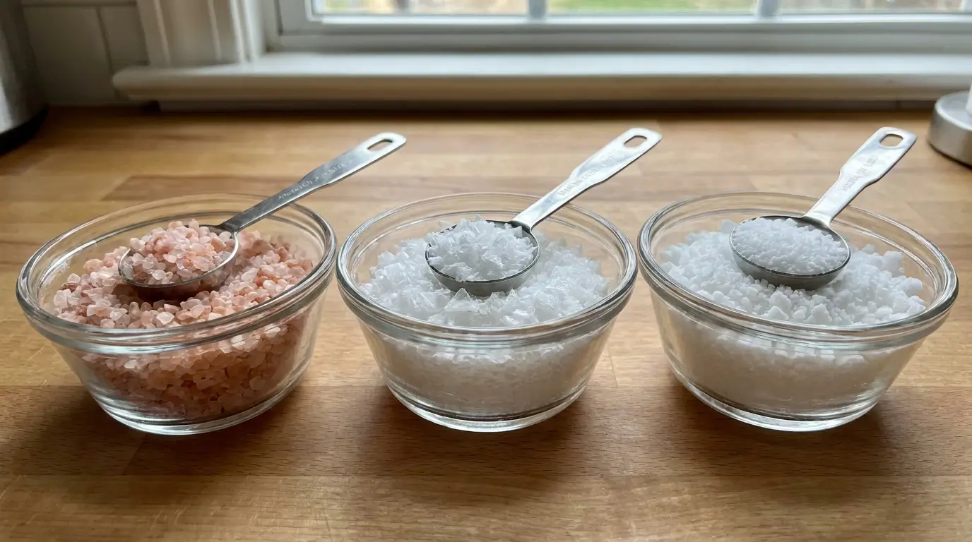 Coarse Himalayan pink salt next to Diamond Crystal and Morton kosher salt showing crystal structure and color differences