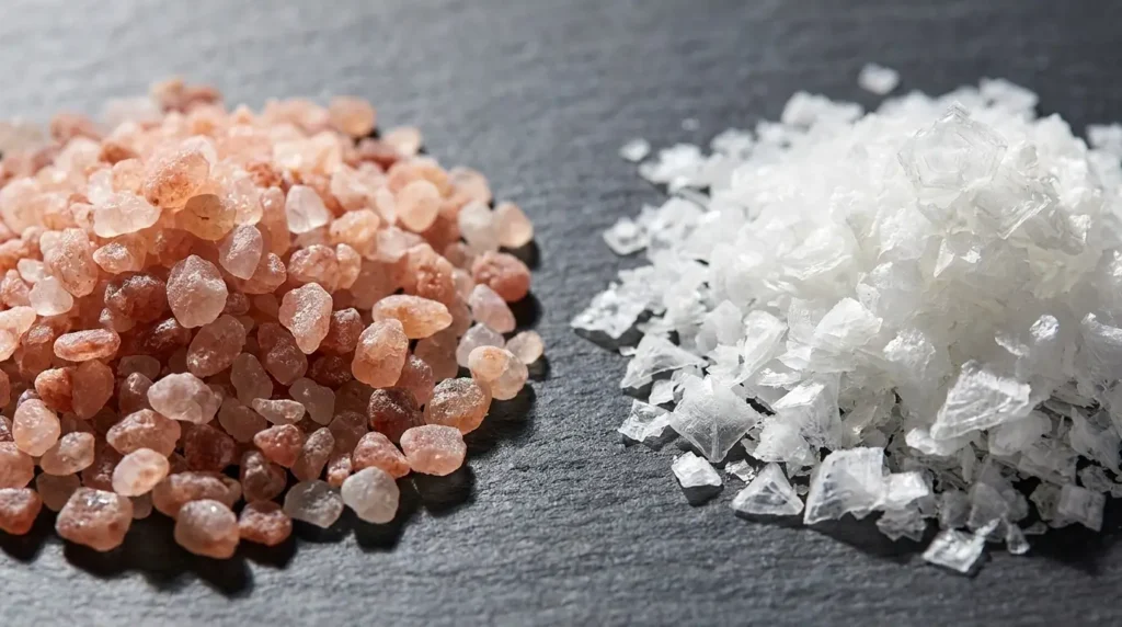 Pink Himalayan rock salt crystals on the left and white Maldon sea salt flakes on the right on a dark slate surface showing the difference in crystal structure and colour