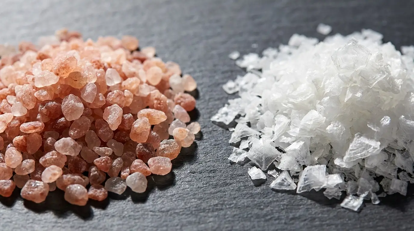Pink Himalayan rock salt crystals on the left and white Maldon sea salt flakes on the right on a dark slate surface showing the difference in crystal structure and colour