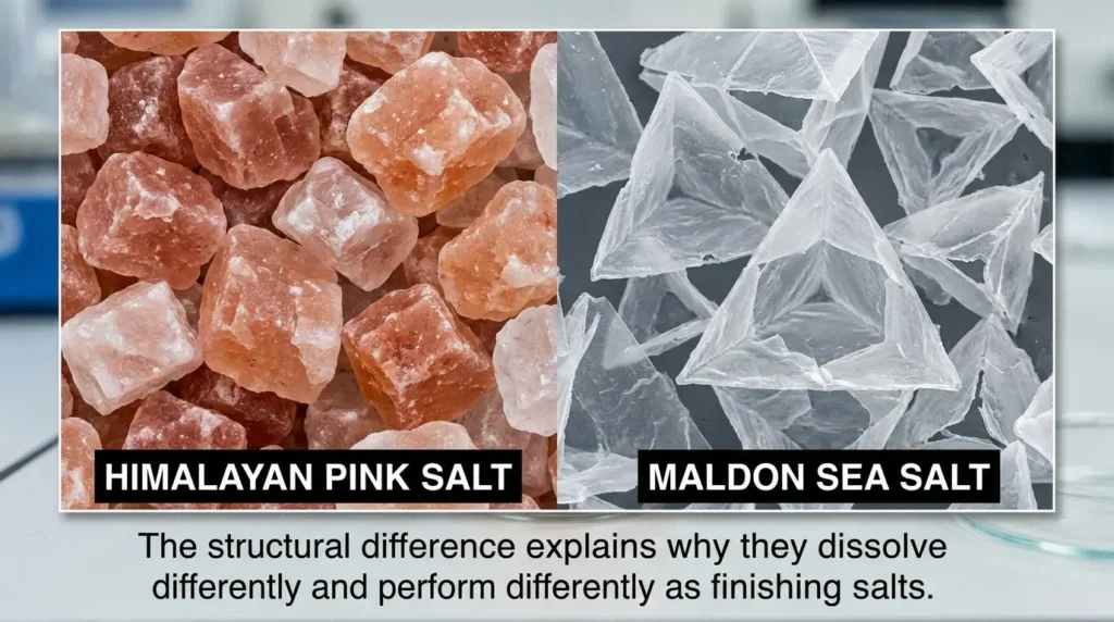Macro comparison of Himalayan pink rock salt crystal structure versus Maldon sea salt hollow pyramid crystal structure