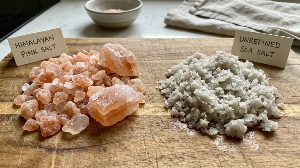 Pink Himalayan salt crystals next to white sea salt crystals showing the difference in color, texture, and crystal structure