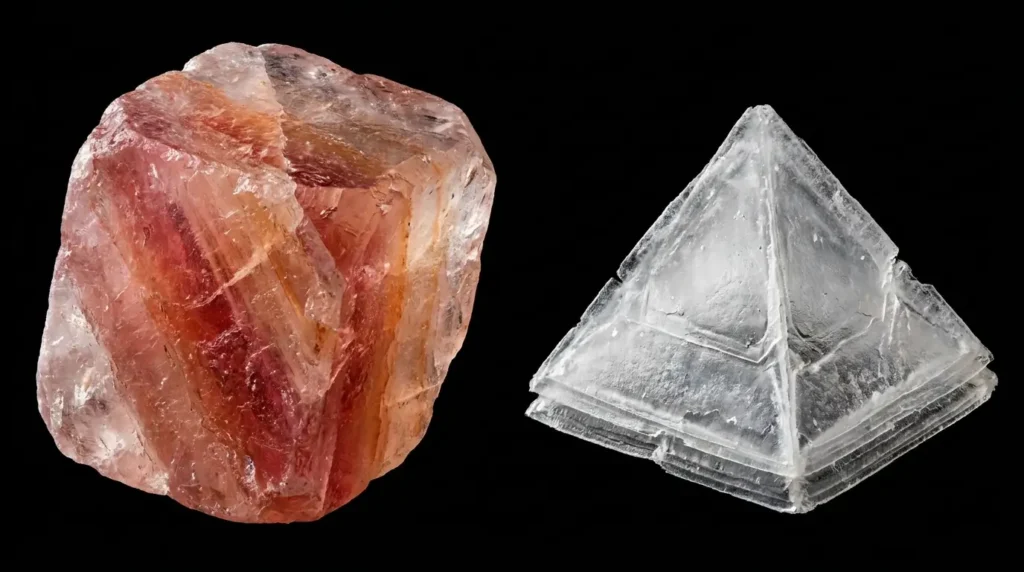 Extreme macro photograph comparing a dense pink Himalayan salt crystal on the left with a hollow pyramid-shaped Maldon sea salt crystal on the right against a black background