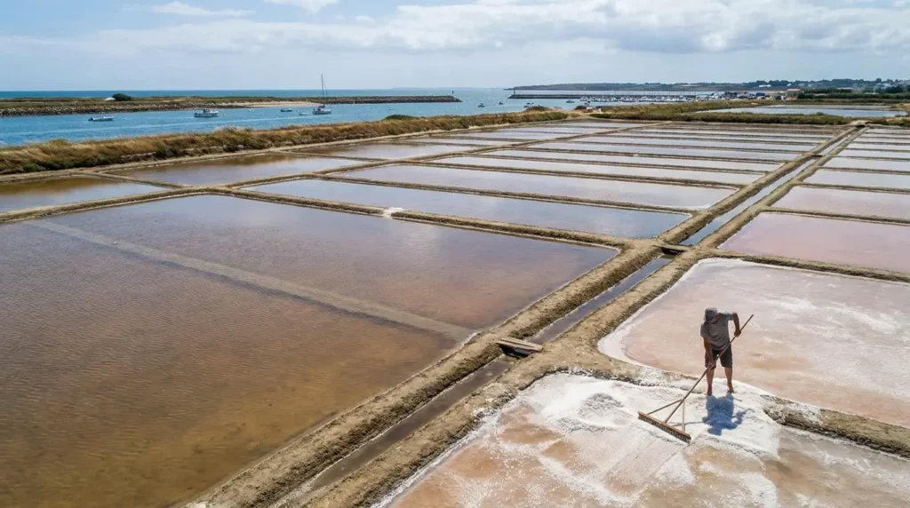 Traditional coastal salt evaporation pans showing the sea salt production process with crystallizing salt