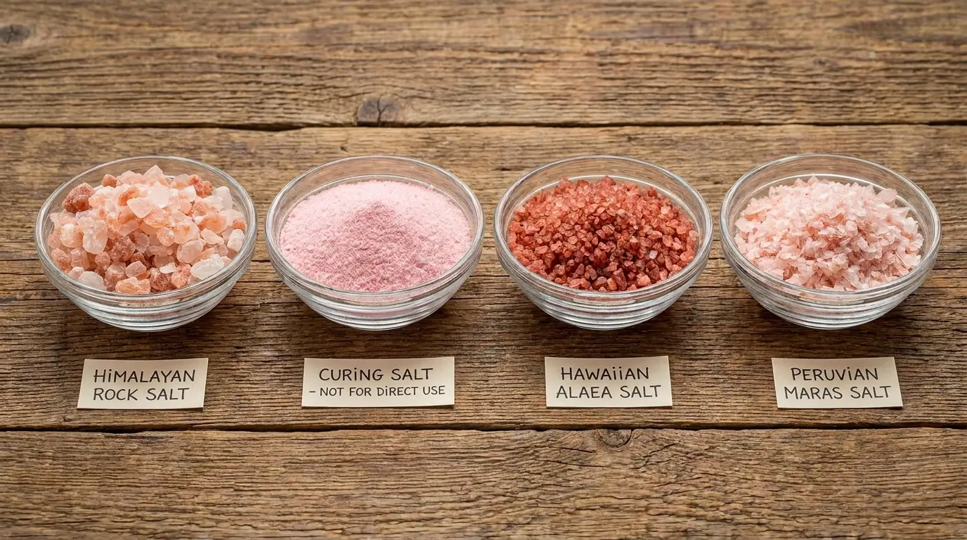 Four types of pink salt labeled: Himalayan pink salt, pink curing salt Prague Powder, Hawaiian Alaea, and Peruvian Maras