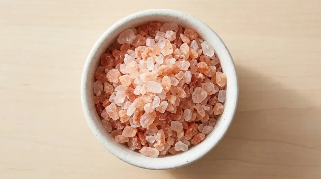 Himalayan pink salt in a small ceramic bowl showing the rock salt crystal structure and pink color