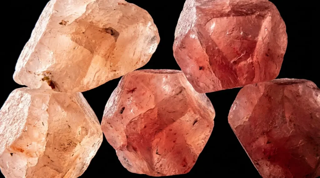 Extreme macro close-up of Himalayan pink salt crystals showing the pink coloration caused by trace iron oxide