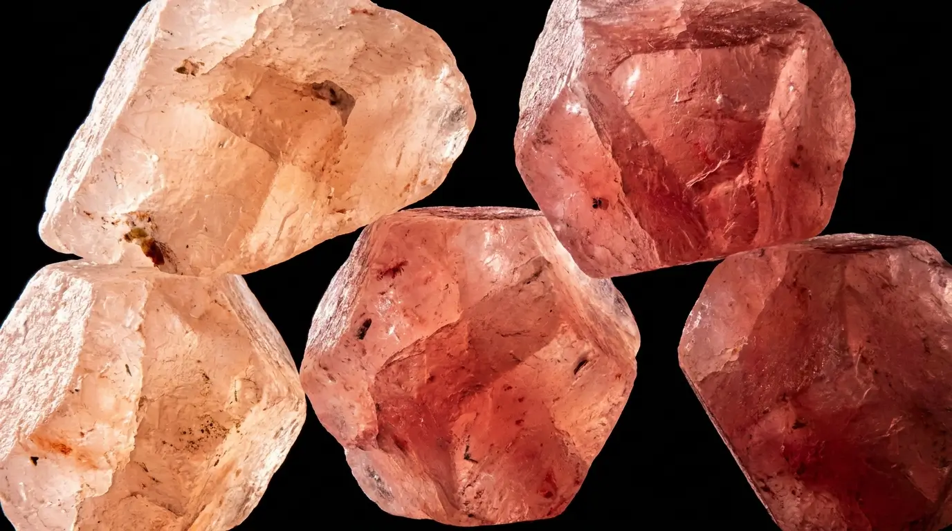 Extreme macro close-up of Himalayan pink salt crystals showing the pink coloration caused by trace iron oxide