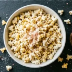 A white ceramic bowl of stovetop popcorn topped with pink Himalayan salt flakes, photographed overhead on a dark slate surface