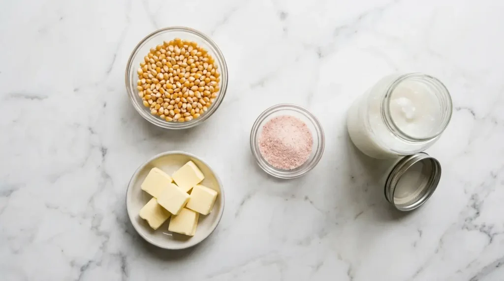 Four popcorn ingredients laid flat on white marble: popcorn kernels, pink Himalayan salt, unsalted butter, and coconut oil