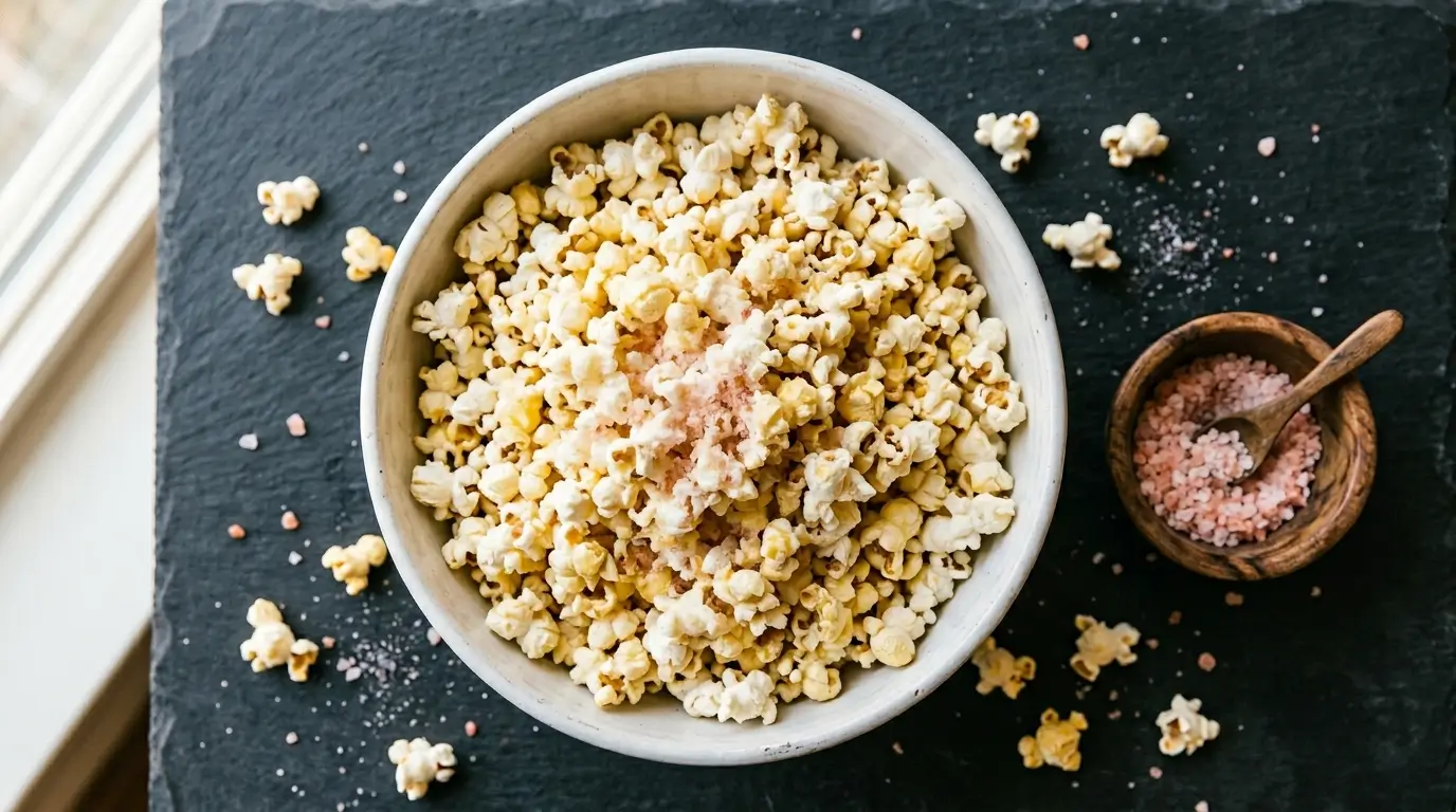 A white ceramic bowl of stovetop popcorn topped with pink Himalayan salt flakes, photographed overhead on a dark slate surface