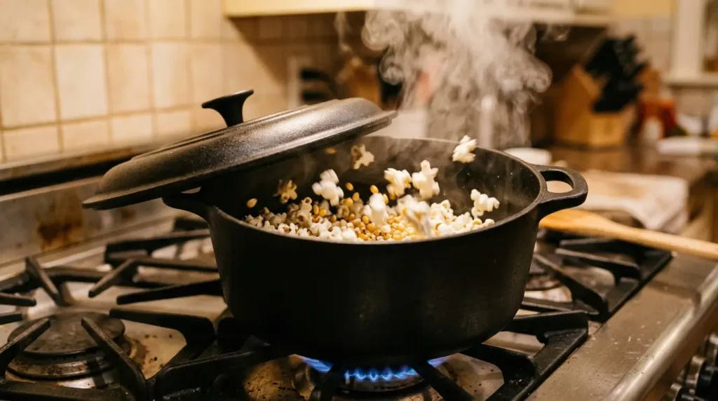 A black Dutch oven on a gas stove with the lid ajar, steam rising as popcorn kernels pop inside