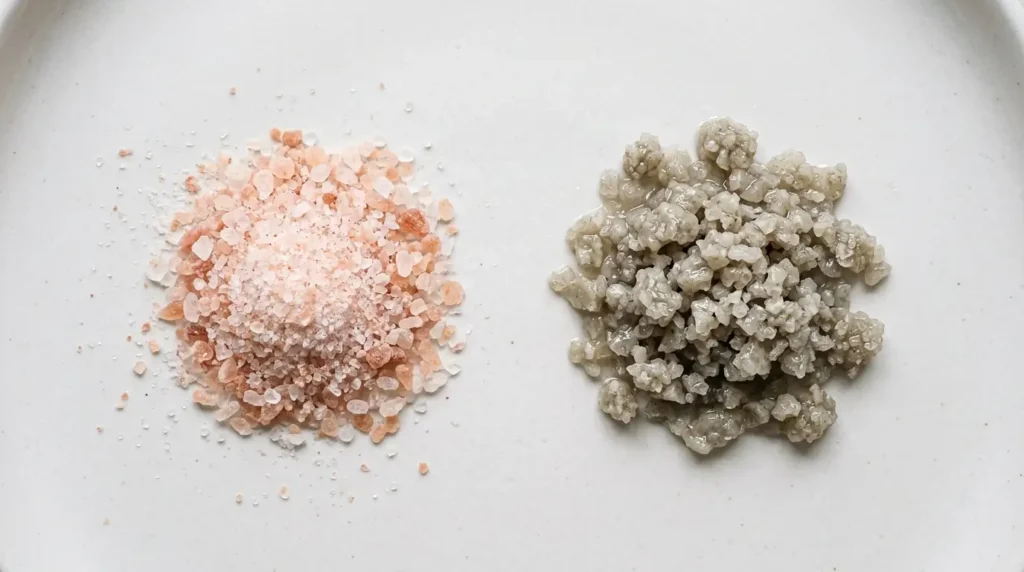 Dry pink Himalayan salt crystals next to moist clumped Celtic sea salt crystals on white ceramic