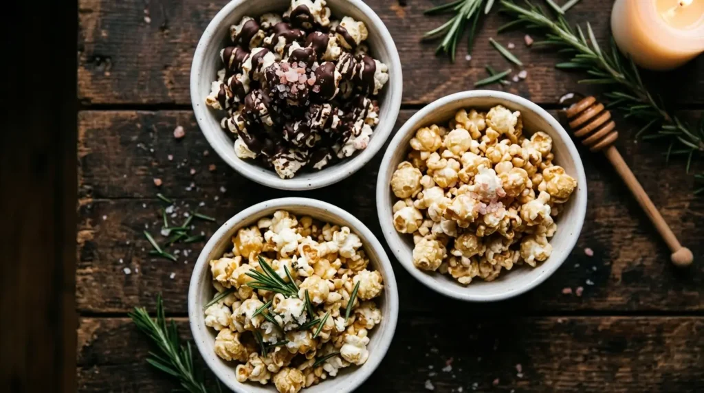 Three bowls of pink Himalayan salt popcorn variations: dark chocolate drizzle, rosemary brown butter, and honey glaze, arranged on dark wood