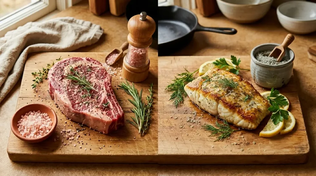 Pink Himalayan salt next to a steak for grilling, and Celtic sea salt next to fish for finishing