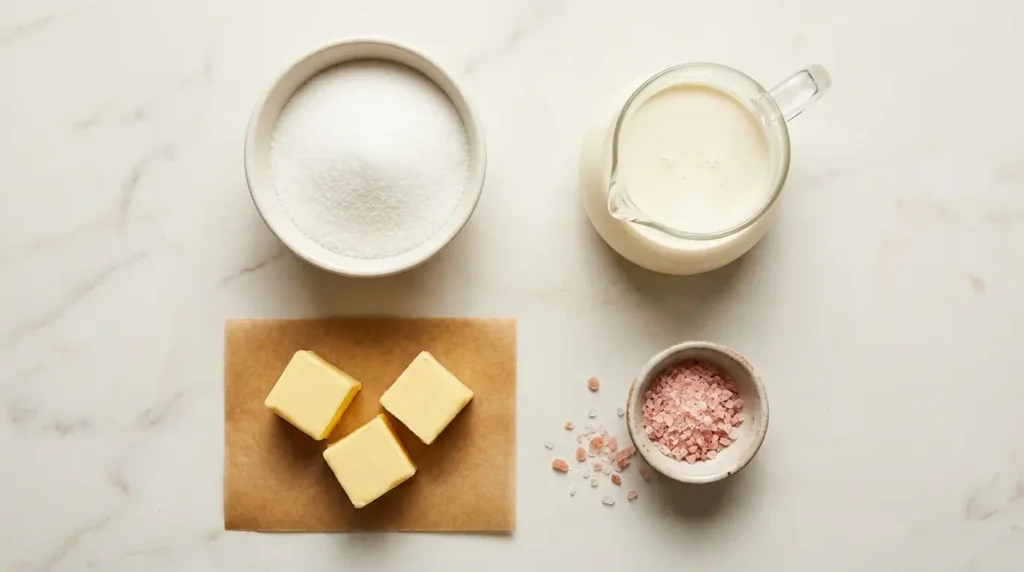 Overhead flat lay of the four ingredients for pink salt caramel sauce: granulated sugar, heavy cream, unsalted butter, and flaky pink Himalayan salt on a marble surface