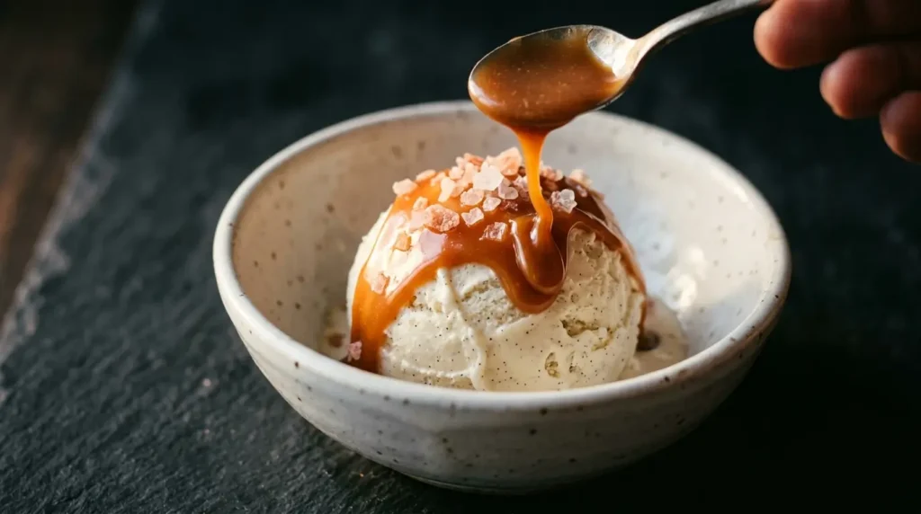 Warm amber pink salt caramel sauce being drizzled over a scoop of vanilla ice cream in a white bowl, with flaky pink Himalayan salt crystals on top