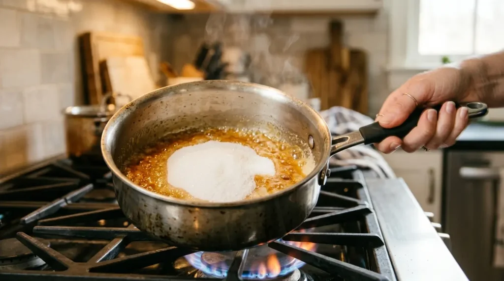 Sugar dry-melting in a stainless steel saucepan, edges turning golden amber while the center remains white, pan being gently swirled