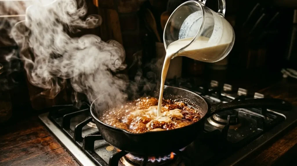 Heavy cream being poured into deep amber caramelized sugar in a saucepan, creating a dramatic cloud of steam and bubbling