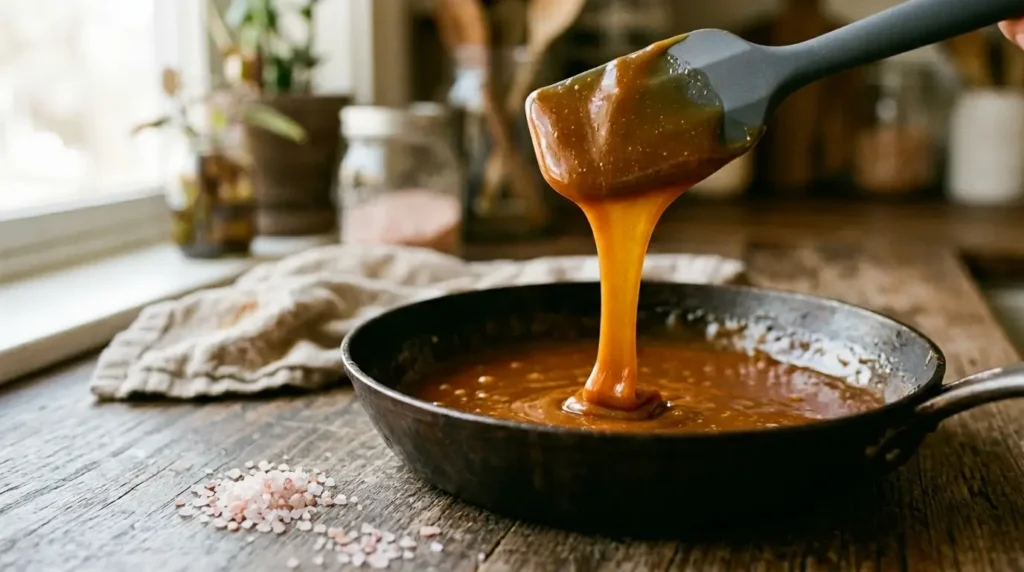 A silicone spatula lifting a glossy ribbon of amber caramel sauce from the pan, with flaky pink Himalayan salt crystals in the foreground ready to be added