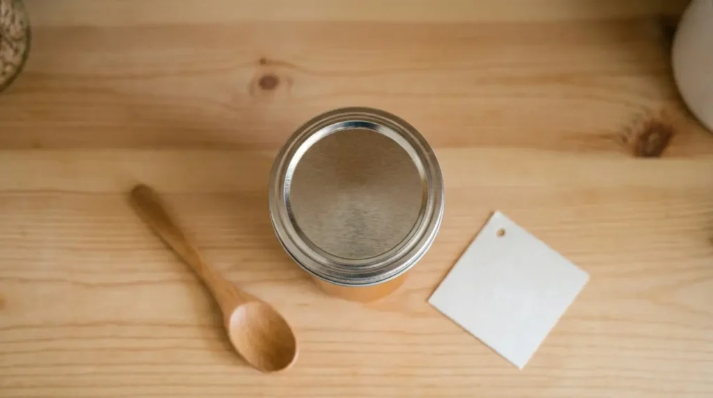 A sealed glass mason jar of amber pink salt caramel sauce on a wooden surface, ready for storage with a wooden spoon beside it