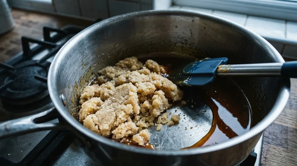 A saucepan showing crystallized, grainy caramel that has seized — a common caramel-making mistake caused by stirring too early